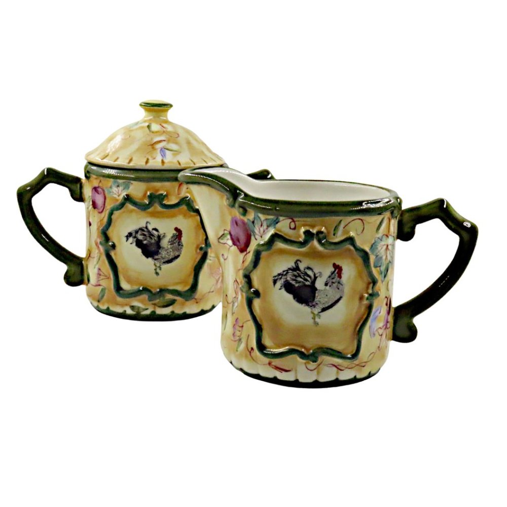 Vintage-Style Ceramic Rooster Pattern Creamer & Sugar Bowl Set (by AA)